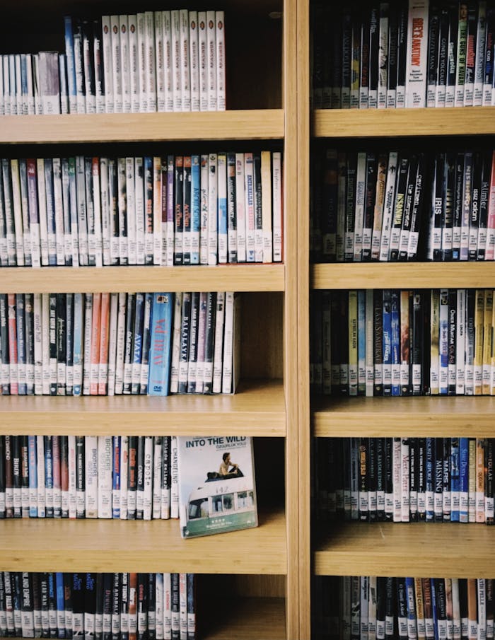 A close-up view of a bookshelf filled with diverse DVDs in a library setting.