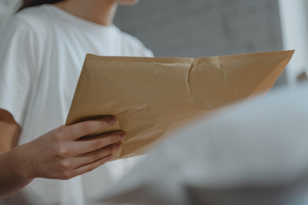 Close-up of a person holding a brown paper envelope, highlighting courier services or postal delivery indoors.